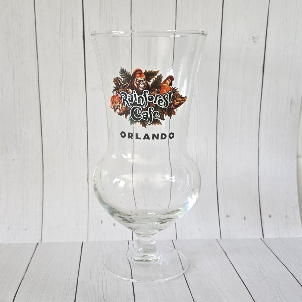 Rainforest Cafe Orlando Hurricane Glass Souvenir Clear Jungle Animals Logo 8in‎